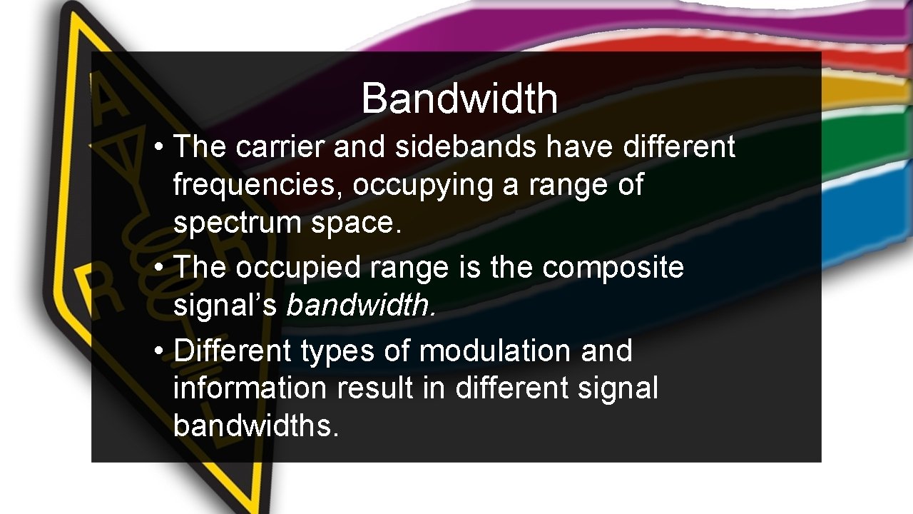 Bandwidth • The carrier and sidebands have different frequencies, occupying a range of spectrum