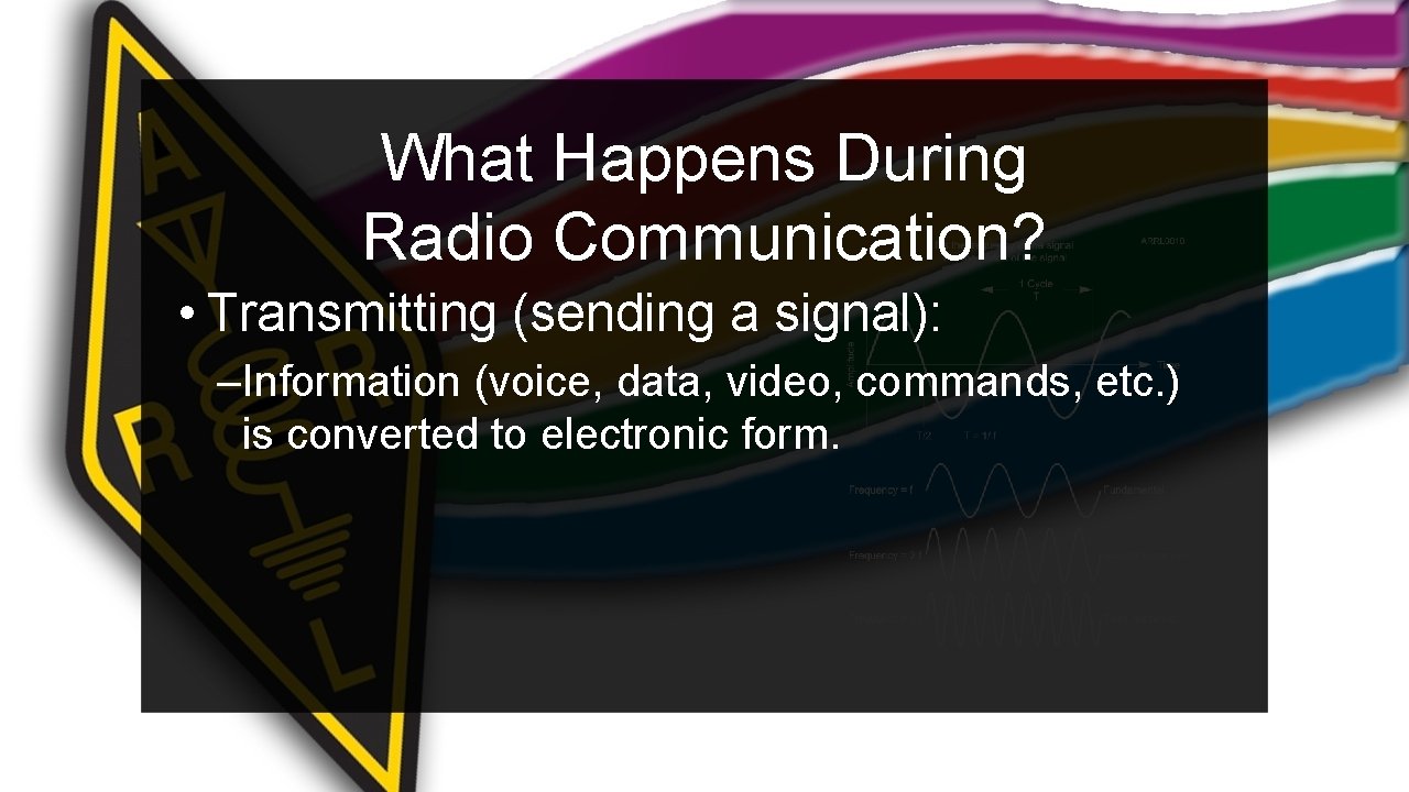 What Happens During Radio Communication? • Transmitting (sending a signal): –Information (voice, data, video,