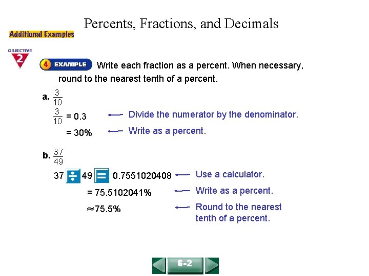 COURSE 2 LESSON 6 -2 Percents, Fractions, and Decimals Write each fraction as a