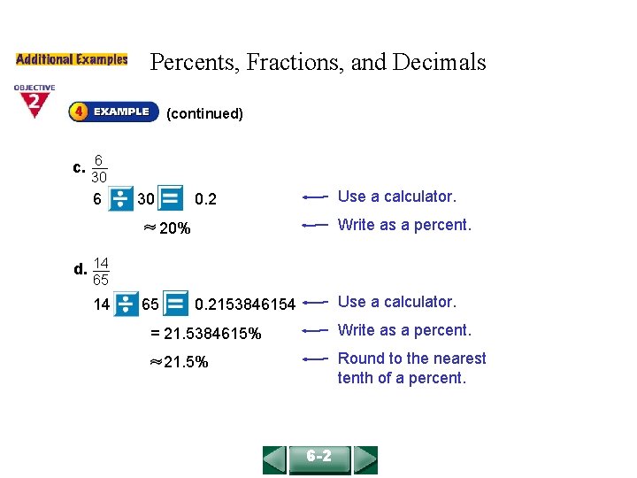 COURSE 2 LESSON 6 -2 Percents, Fractions, and Decimals (continued) c. 6 30 Use