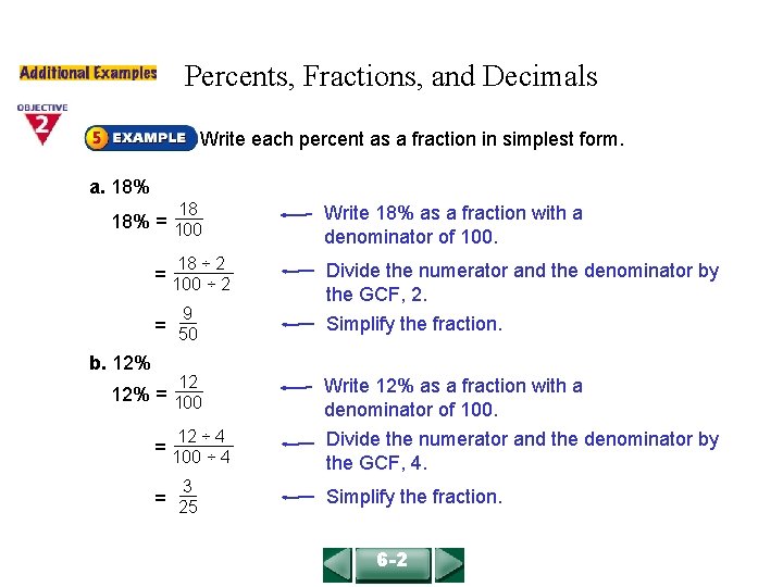 COURSE 2 LESSON 6 -2 Percents, Fractions, and Decimals Write each percent as a