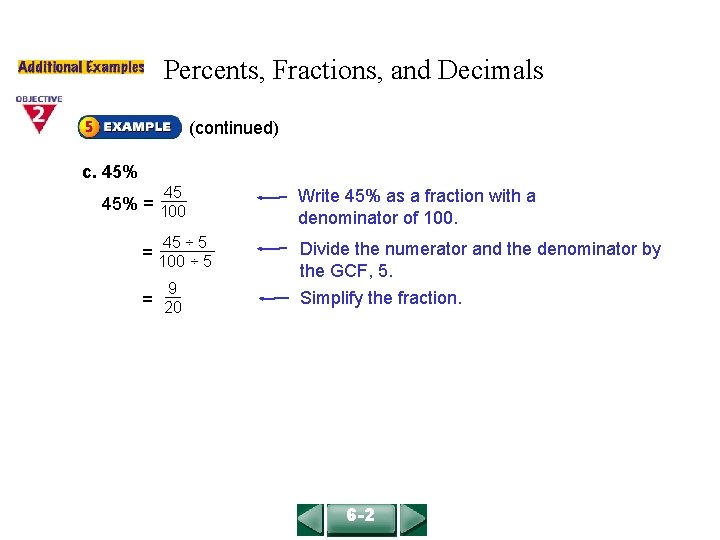 COURSE 2 LESSON 6 -2 Percents, Fractions, and Decimals (continued) c. 45% 45 Write