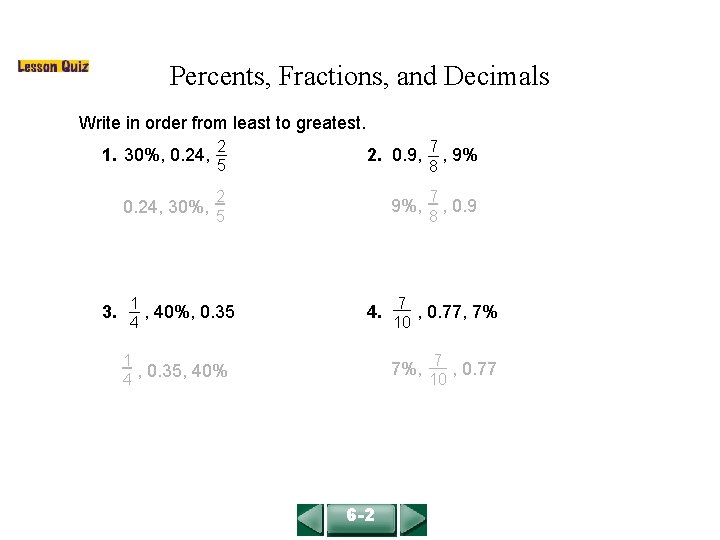 COURSE 2 LESSON 6 -2 Percents, Fractions, and Decimals Write in order from least