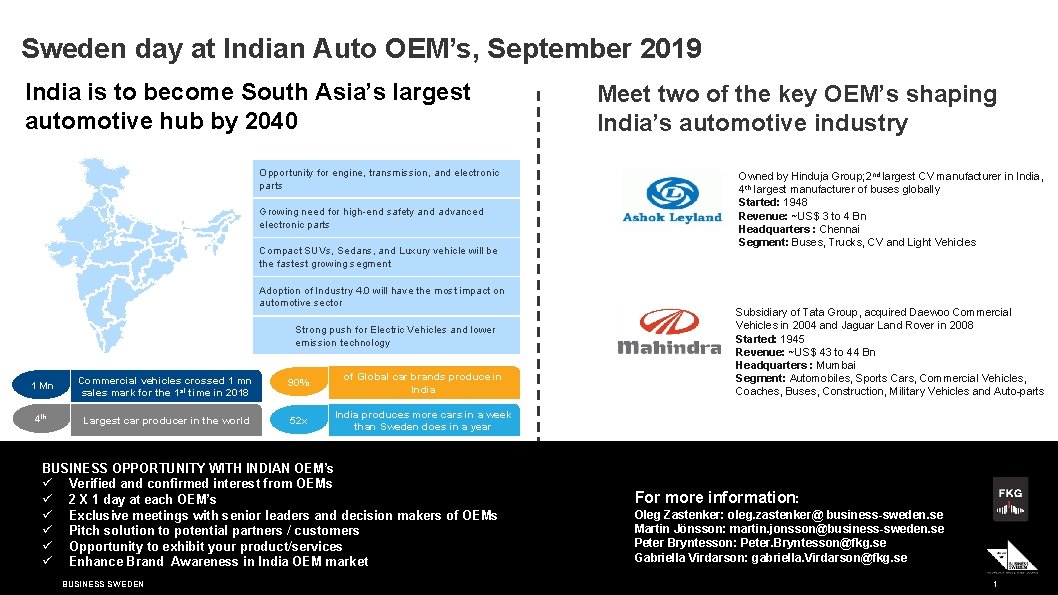 Sweden day at Indian Auto OEM’s, September 2019 India is to become South Asia’s