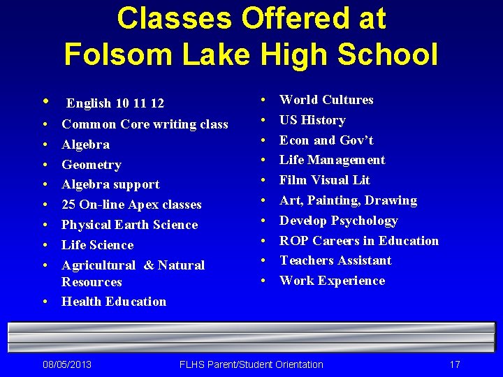 Classes Offered at Folsom Lake High School • • • English 10 11 12