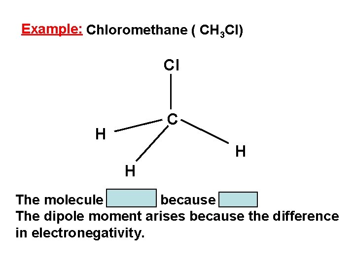 Example: Chloromethane ( CH 3 Cl) Cl C H H H The molecule is