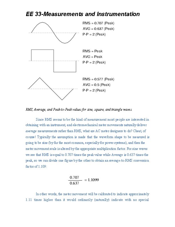 EE 33 -Measurements and Instrumentation RMS, Average, and Peak-to-Peak values for sine, square, and