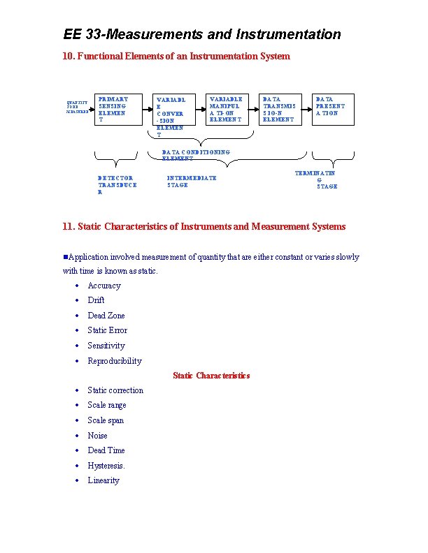 EE 33 -Measurements and Instrumentation 10. Functional Elements of an Instrumentation System QUANTITY TO