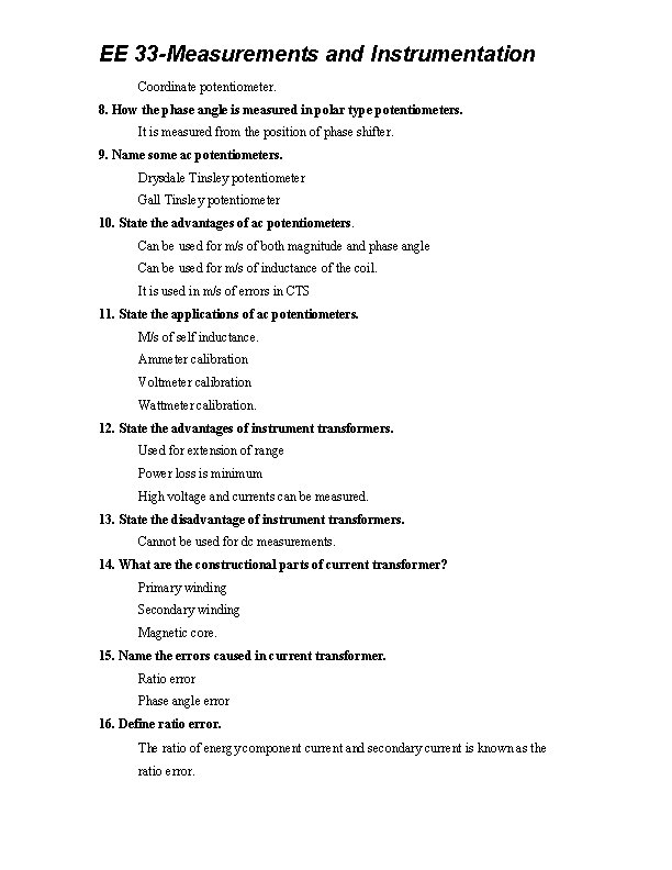 EE 33 -Measurements and Instrumentation Coordinate potentiometer. 8. How the phase angle is measured