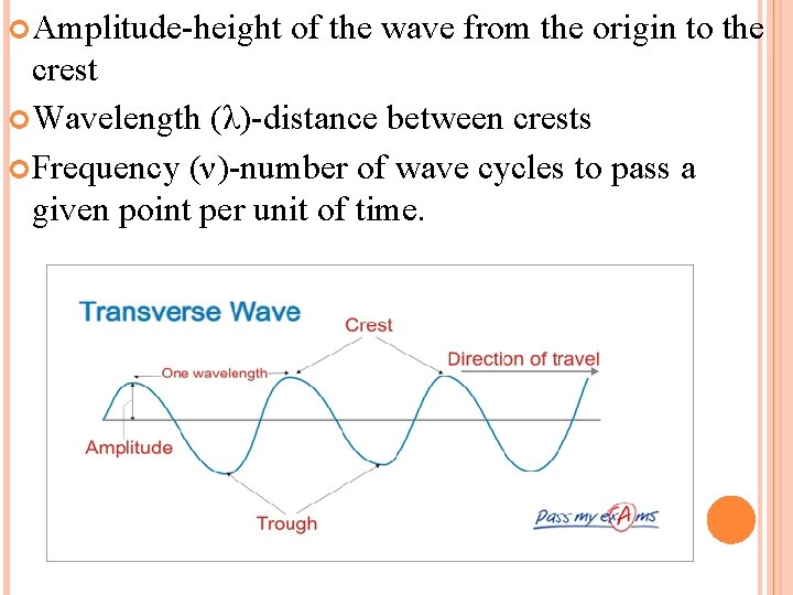  Amplitude-height of the wave from the origin to the crest Wavelength (λ)-distance between