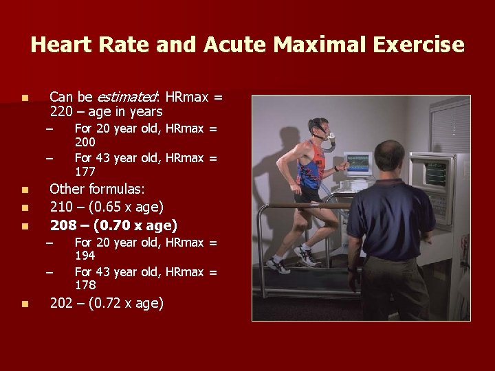 Heart Rate and Acute Maximal Exercise n Can be estimated: HRmax = 220 –