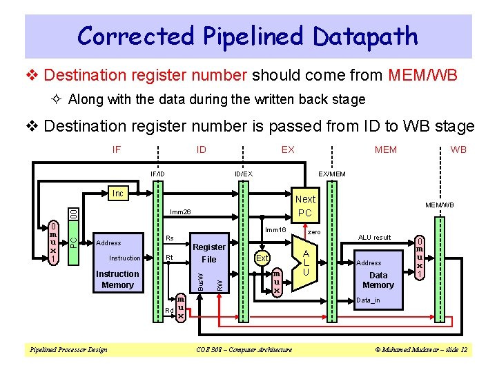 Corrected Pipelined Datapath v Destination register number should come from MEM/WB ² Along with
