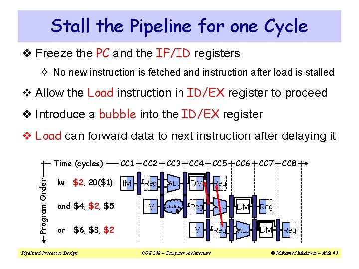 Stall the Pipeline for one Cycle v Freeze the PC and the IF/ID registers