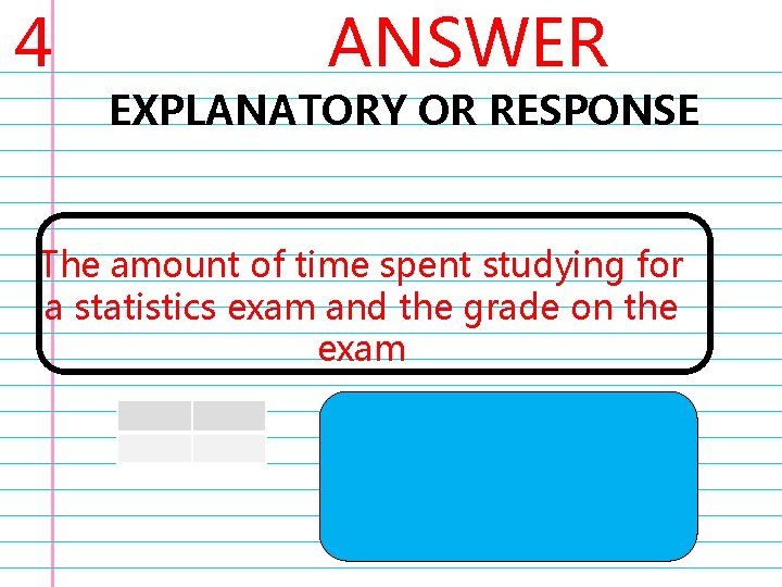 4 ANSWER EXPLANATORY OR RESPONSE The amount of time spent studying for a statistics