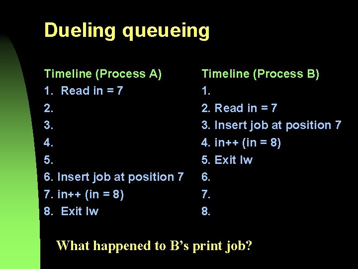 Dueling queueing Timeline (Process A) 1. Read in = 7 2. 3. 4. 5.