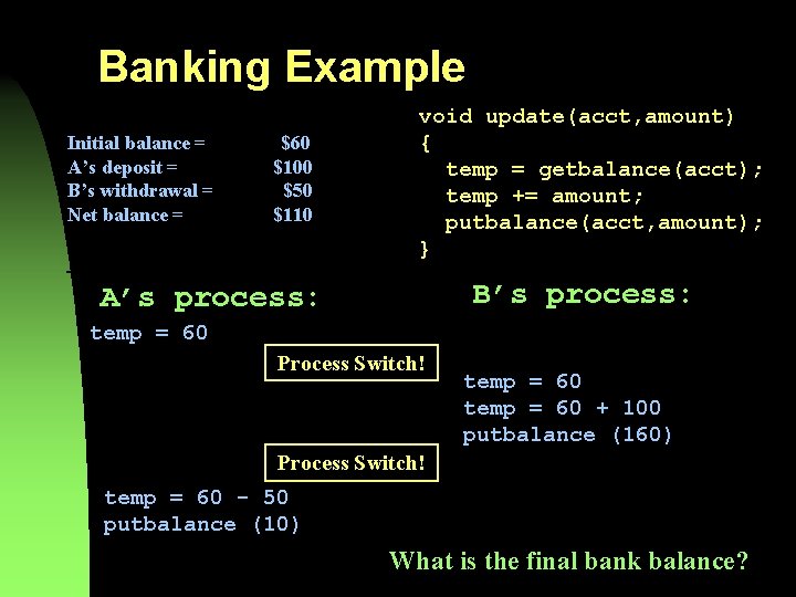 Banking Example Initial balance = A’s deposit = B’s withdrawal = Net balance =