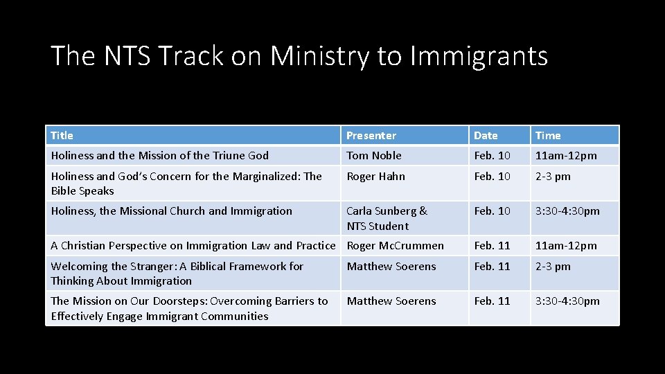 The NTS Track on Ministry to Immigrants Title Presenter Date Time Holiness and the