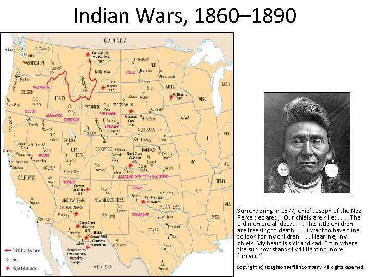 Indian Wars, 1860– 1890 • Surrendering in 1877, Chief Joseph of the Nez Perce