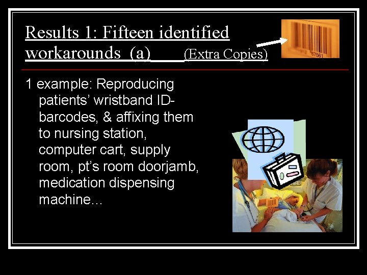Results 1: Fifteen identified workarounds (a) (Extra Copies) 1 example: Reproducing patients’ wristband IDbarcodes,