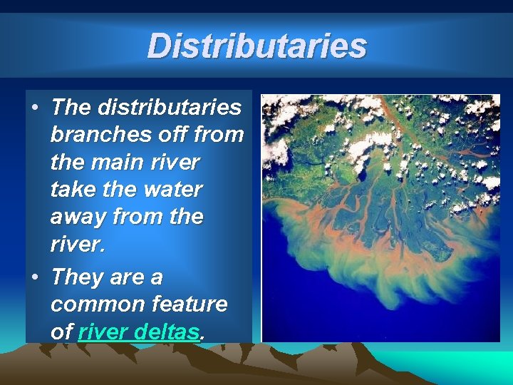 Distributaries • The distributaries branches off from the main river take the water away