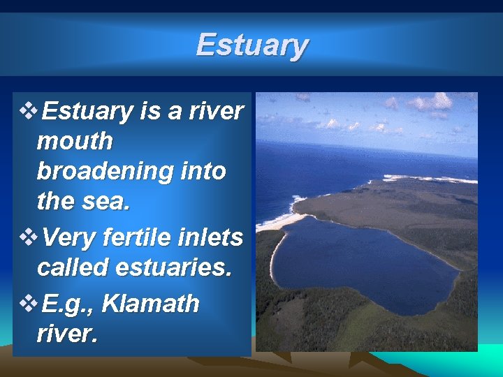 Estuary v. Estuary is a river mouth broadening into the sea. v. Very fertile