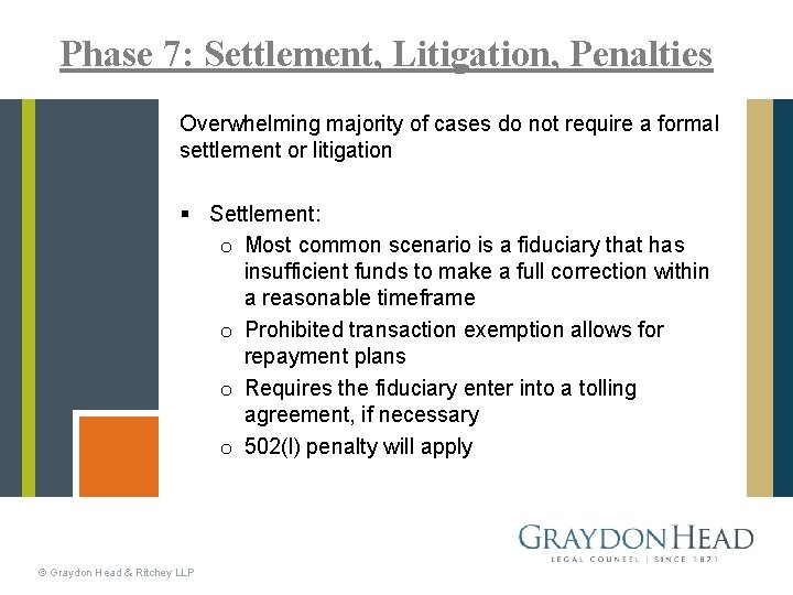 Phase 7: Settlement, Litigation, Penalties Overwhelming majority of cases do not require a formal