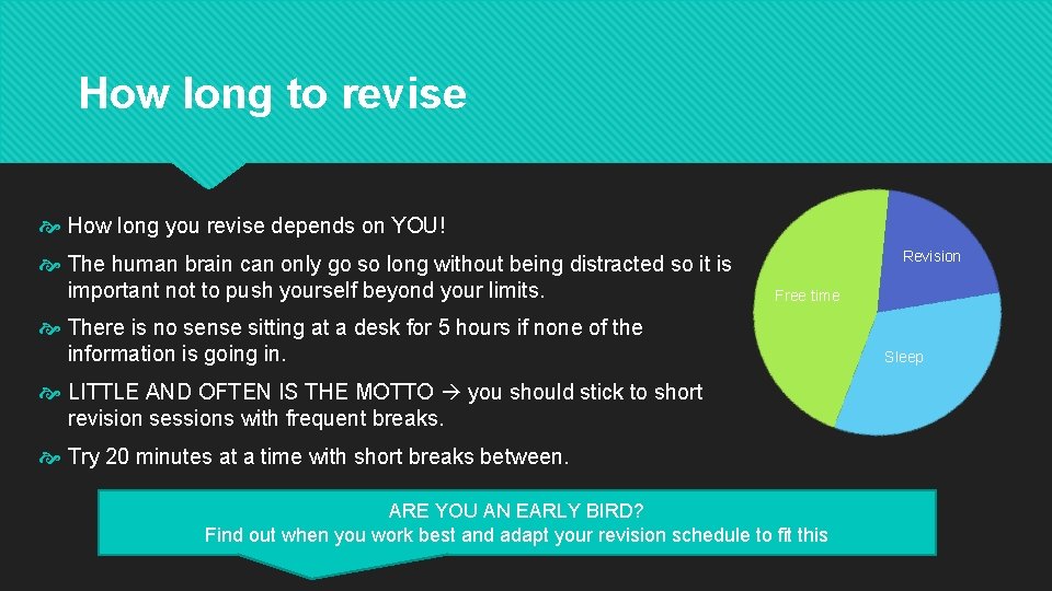 How long to revise How long you revise depends on YOU! The human brain