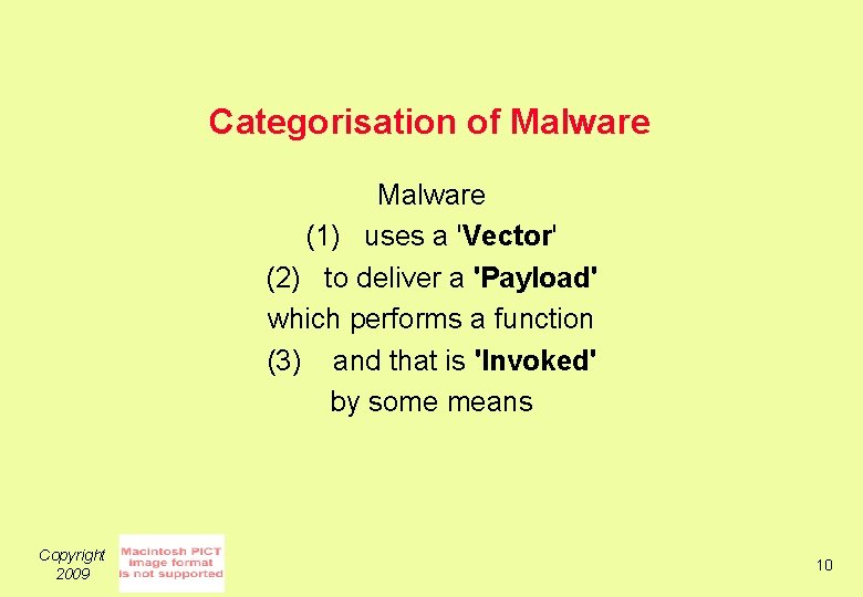 Categorisation of Malware (1) uses a 'Vector' (2) to deliver a 'Payload' which performs