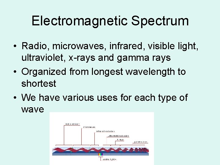 Electromagnetic Spectrum • Radio, microwaves, infrared, visible light, ultraviolet, x-rays and gamma rays •