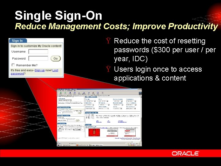 Single Sign-On Reduce Management Costs; Improve Productivity Ÿ Reduce the cost of resetting passwords