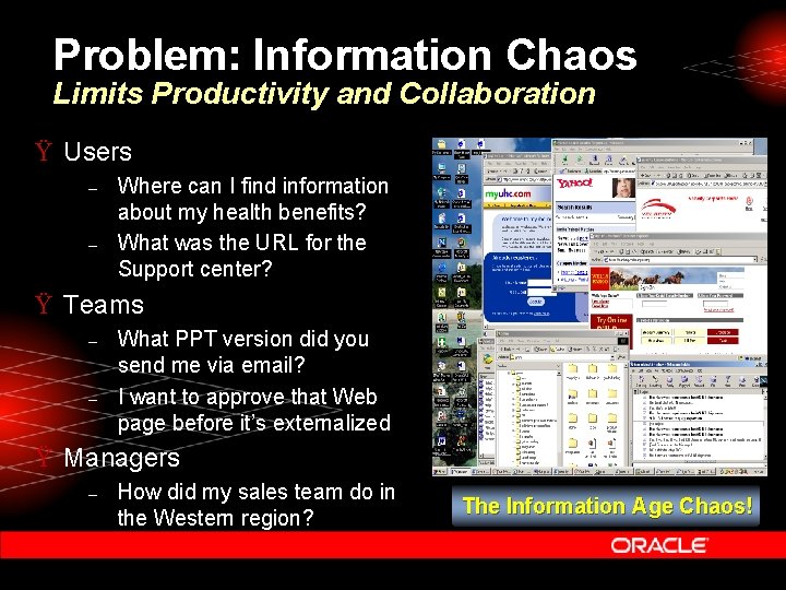 Problem: Information Chaos Limits Productivity and Collaboration Ÿ Users – – Where can I
