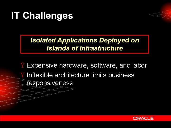 IT Challenges Isolated Applications Deployed on Islands of Infrastructure Ÿ Expensive hardware, software, and