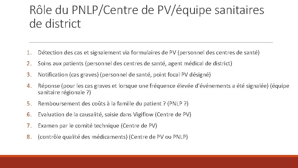 Rôle du PNLP/Centre de PV/équipe sanitaires de district 1. Détection des cas et signalement