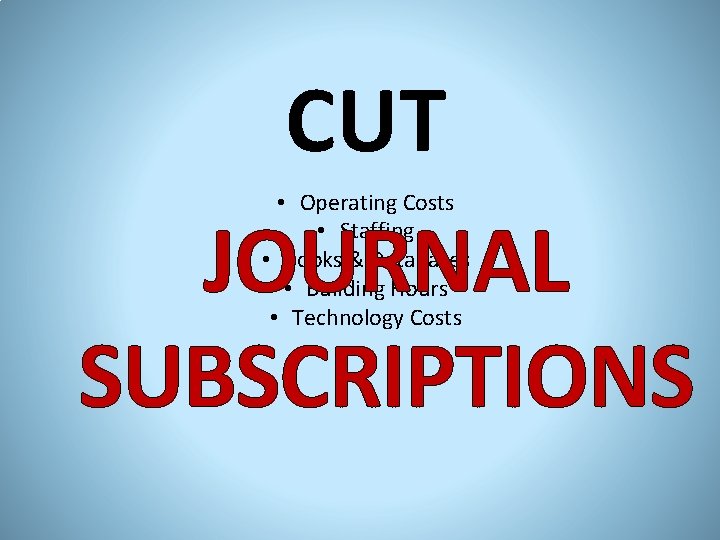 CUT JOURNAL SUBSCRIPTIONS • Operating Costs • Staffing • Books & Databases • Building