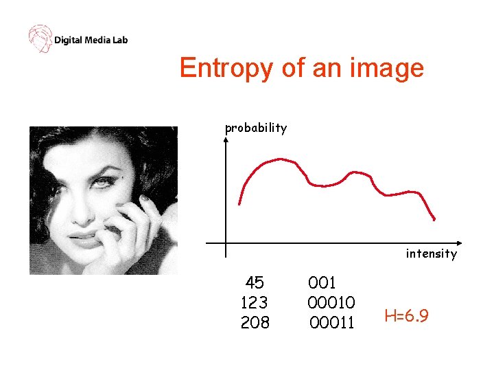 Entropy of an image probability intensity 45 123 208 001 00010 00011 H=6. 9