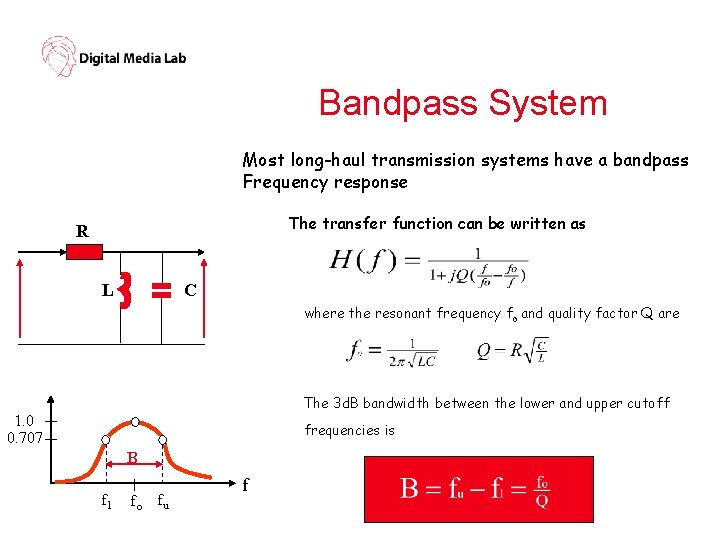 Bandpass System Most long-haul transmission systems have a bandpass Frequency response The transfer function