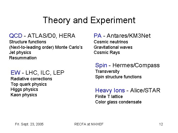 Theory and Experiment QCD - ATLAS/D 0, HERA PA - Antares/KM 3 Net Structure