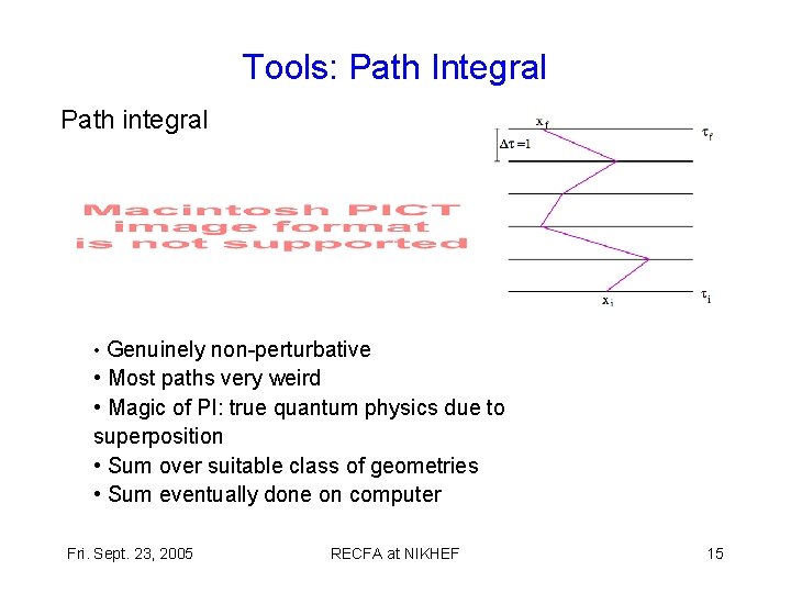 Tools: Path Integral Path integral • Genuinely non-perturbative • Most paths very weird •