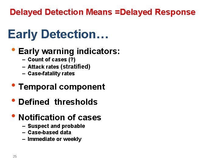 Delayed Detection Means =Delayed Response Early Detection… • Early warning indicators: – Count of