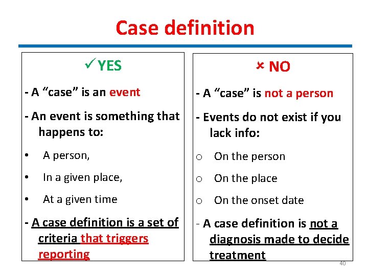 Case definition ü YES - A “case” is an event NO - A “case”