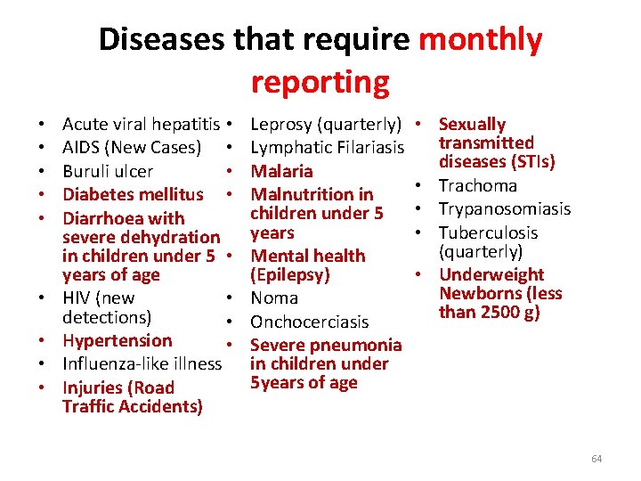 Diseases that require monthly reporting • • • Acute viral hepatitis • AIDS (New