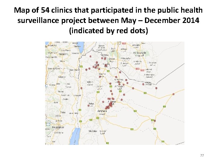 Map of 54 clinics that participated in the public health surveillance project between May