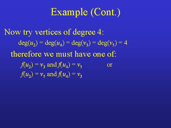 Example (Cont. ) Now try vertices of degree 4: deg(u 2) = deg(u 4)