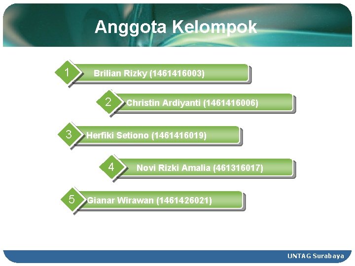 Anggota Kelompok 1 Brilian Rizky (1461416003) 2 3 Herfiki Setiono (1461416019) 4 5 Christin