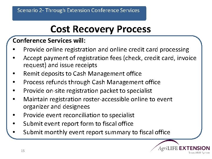 Scenario 2 - Through Extension Conference Services Cost Recovery Process Conference Services will: •
