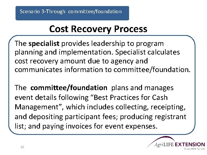 Scenario 3 -Through committee/foundation Cost Recovery Process The specialist provides leadership to program planning