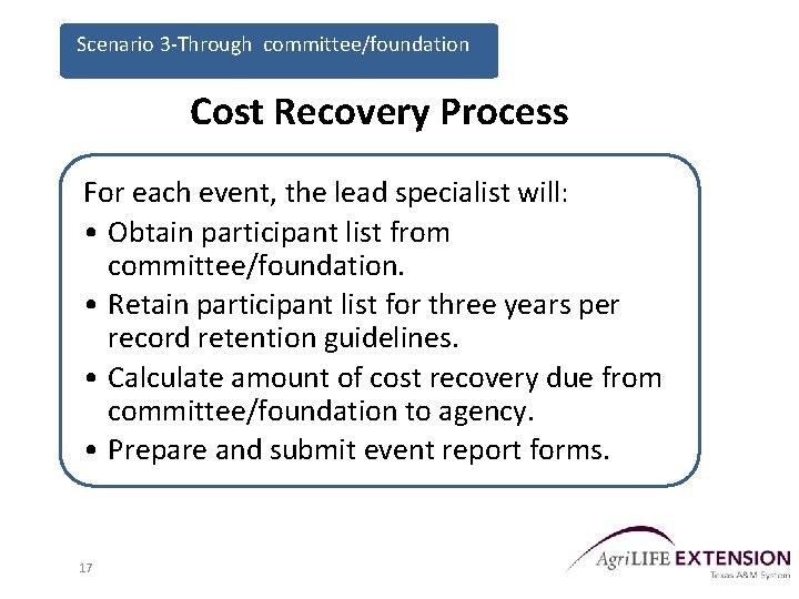 Scenario 3 -Through committee/foundation Cost Recovery Process For each event, the lead specialist will: