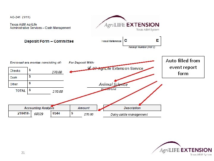 Auto filled from event report form 270. 00 Animal Science 270. 00 60329 21