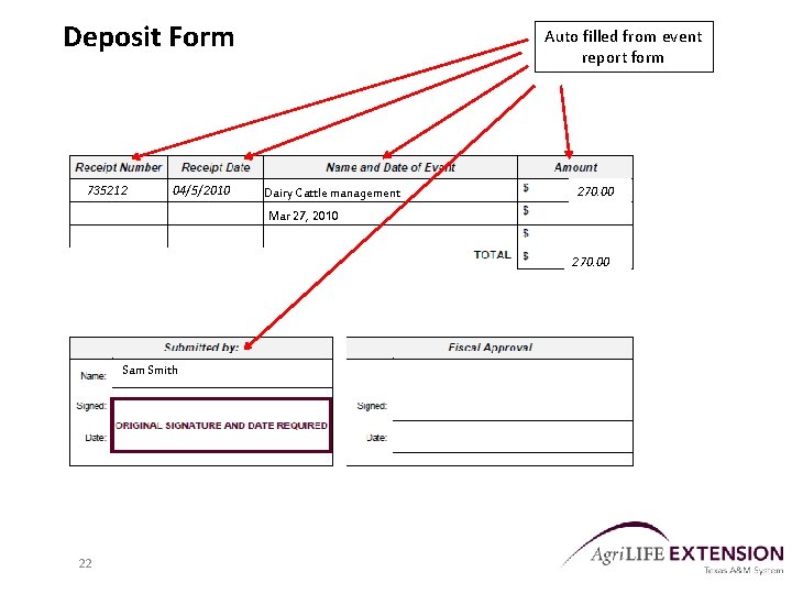 Deposit Form 735212 04/5/2010 Auto filled from event report form Dairy Cattle management 270.