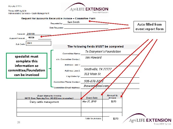 Sam Smith Auto filled from event report form 60329 Tx Dairymen’s Foundation specialist must
